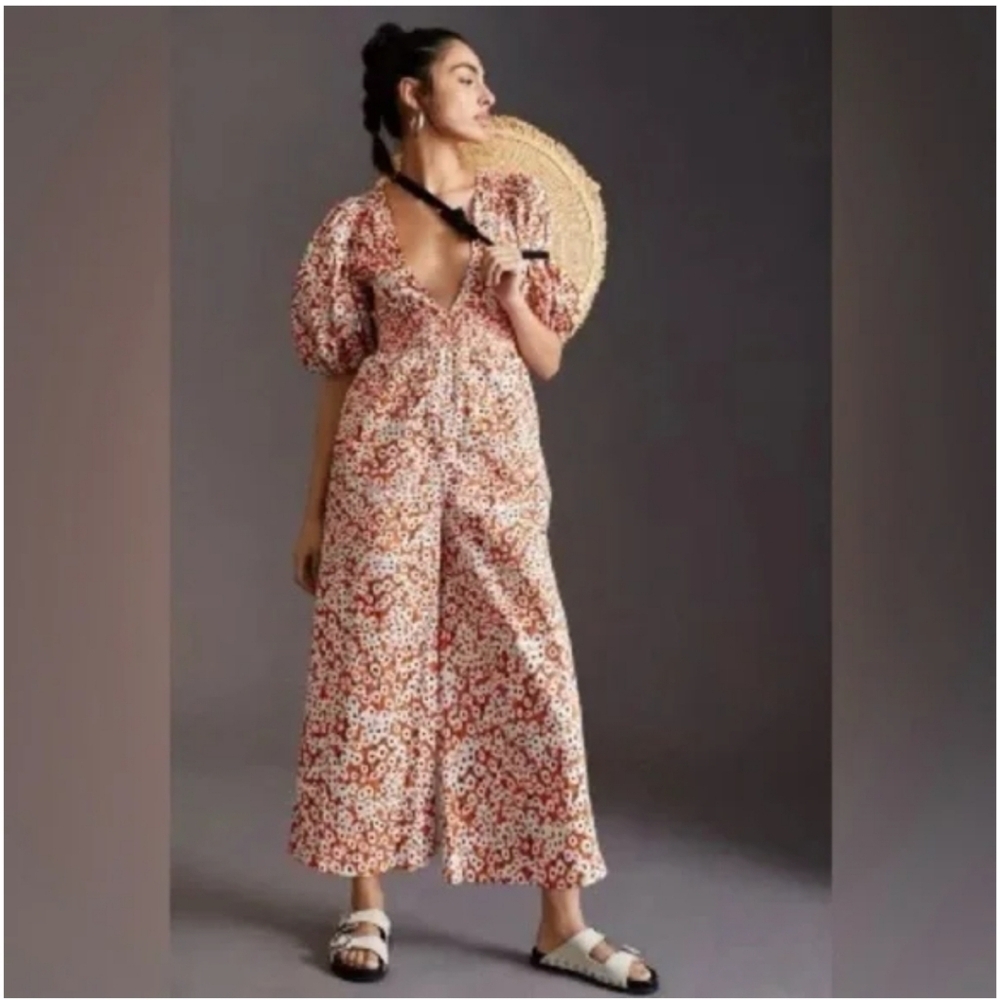 Hutch Anthropologie Floral Deep V-Neck Wide Leg Puff Sleeve Jumpsuit Sz M